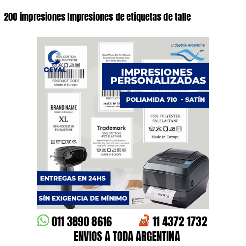 200 impresiones Impresiones de etiquetas de talle