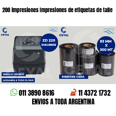 200 impresiones Impresiones de etiquetas de talle