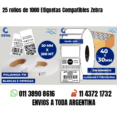 25 rollos de 1000 Etiquetas Compatibles Zebra 