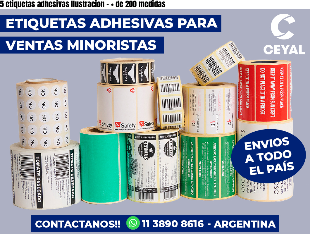 5 etiquetas adhesivas Ilustracion - + de 200 medidas
