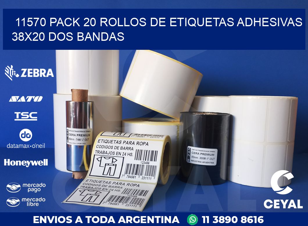 11570 PACK 20 ROLLOS DE ETIQUETAS ADHESIVAS 38X20 DOS BANDAS