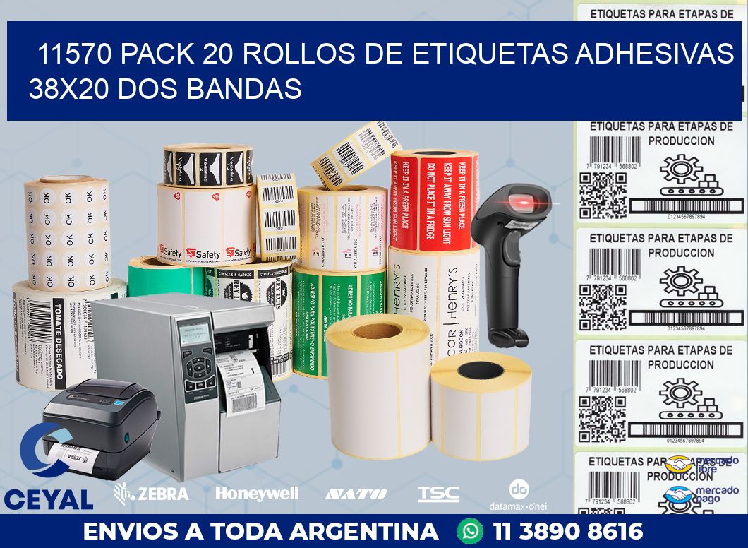 11570 PACK 20 ROLLOS DE ETIQUETAS ADHESIVAS 38X20 DOS BANDAS