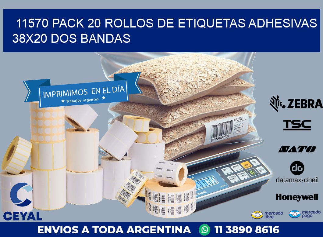 11570 PACK 20 ROLLOS DE ETIQUETAS ADHESIVAS 38X20 DOS BANDAS