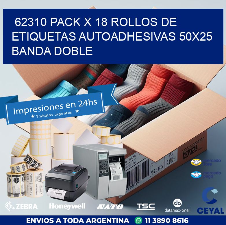 62310 PACK X 18 ROLLOS DE ETIQUETAS AUTOADHESIVAS 50X25 BANDA DOBLE
