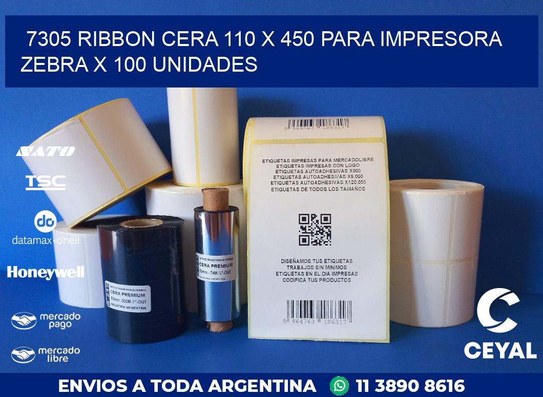 7305 RIBBON CERA 110 X 450 PARA IMPRESORA ZEBRA X 100 UNIDADES