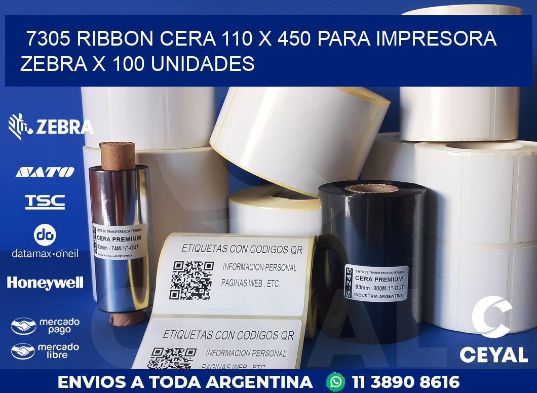 7305 RIBBON CERA 110 X 450 PARA IMPRESORA ZEBRA X 100 UNIDADES