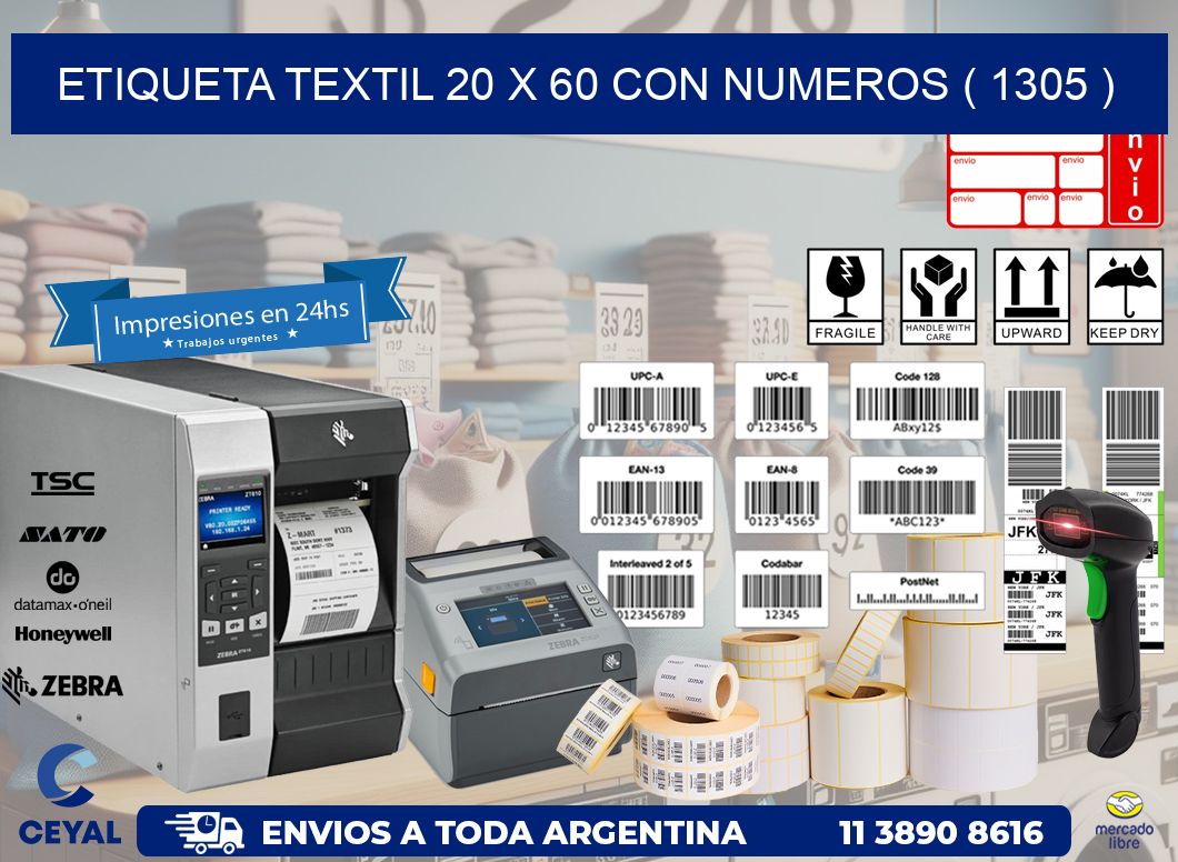ETIQUETA TEXTIL 20 X 60 CON NUMEROS ( 1305 )