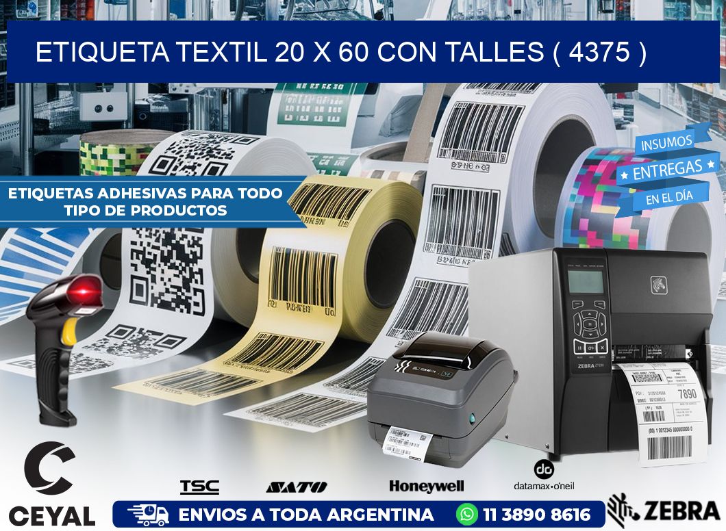 ETIQUETA TEXTIL 20 X 60 CON TALLES ( 4375 )