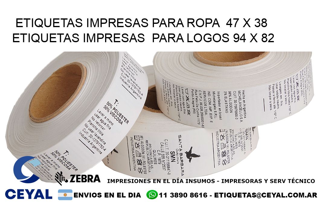 ETIQUETAS IMPRESAS PARA ROPA  47 x 38 ETIQUETAS IMPRESAS  PARA LOGOS 94 x 82