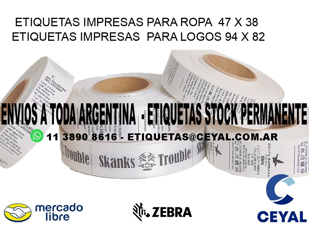 ETIQUETAS IMPRESAS PARA ROPA  47 x 38 ETIQUETAS IMPRESAS  PARA LOGOS 94 x 82