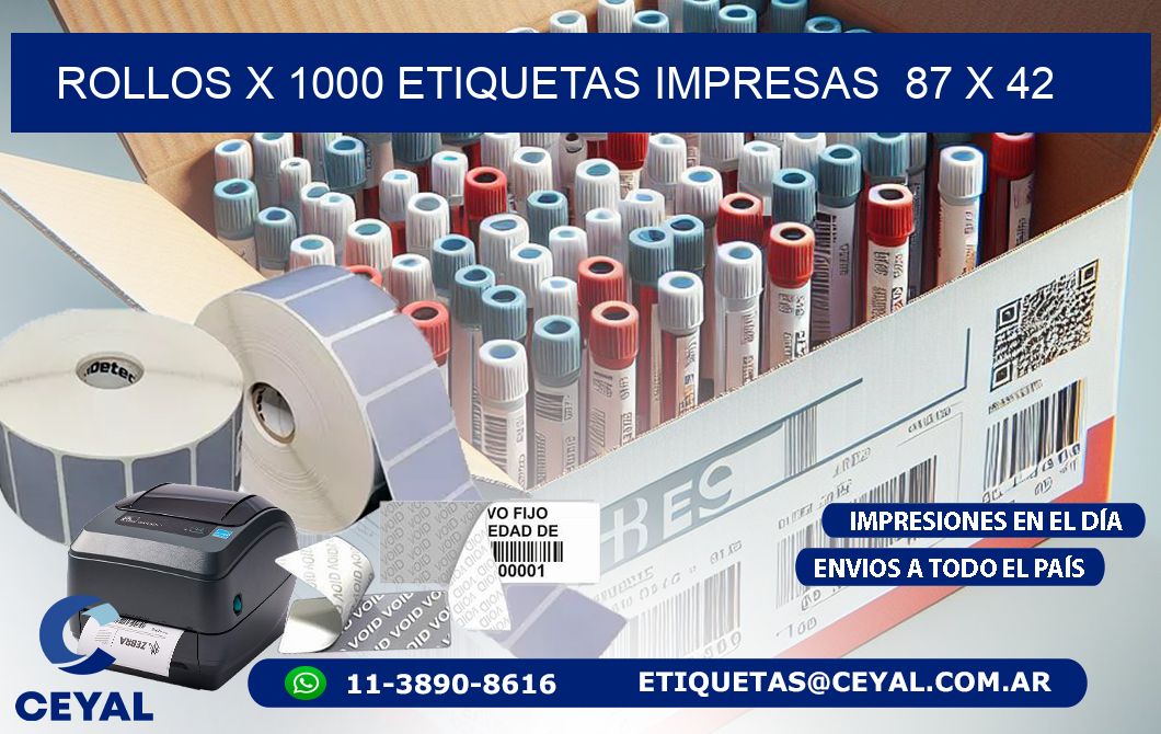 ROLLOS X 1000 ETIQUETAS IMPRESAS  87 x 42