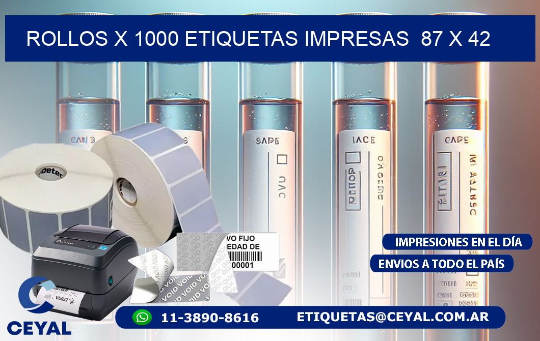 ROLLOS X 1000 ETIQUETAS IMPRESAS  87 x 42