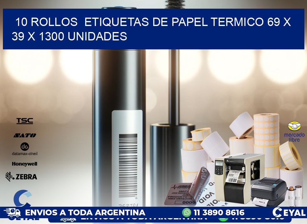 10 ROLLOS  ETIQUETAS DE PAPEL TERMICO 69 x 39 X 1300 UNIDADES