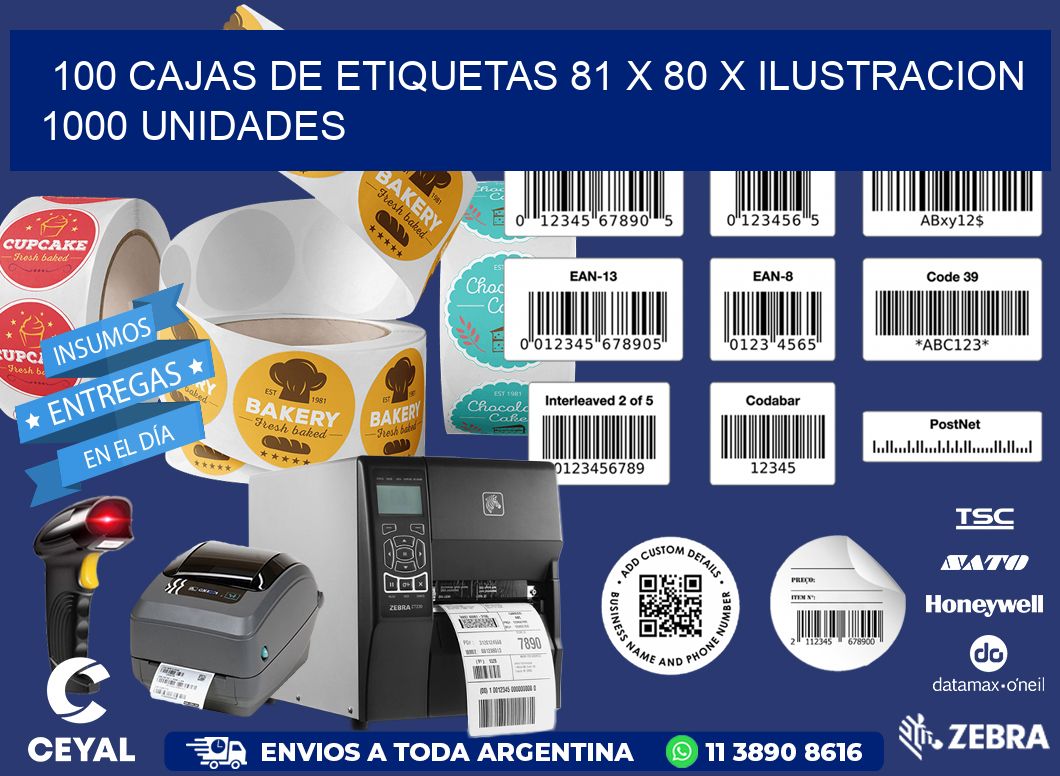 100 CAJAS DE ETIQUETAS 81 x 80 X ILUSTRACION 1000 UNIDADES