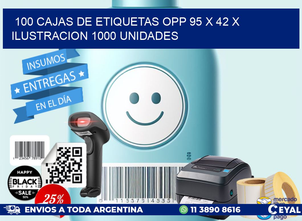 100 CAJAS DE ETIQUETAS OPP 95 x 42 X ILUSTRACION 1000 UNIDADES