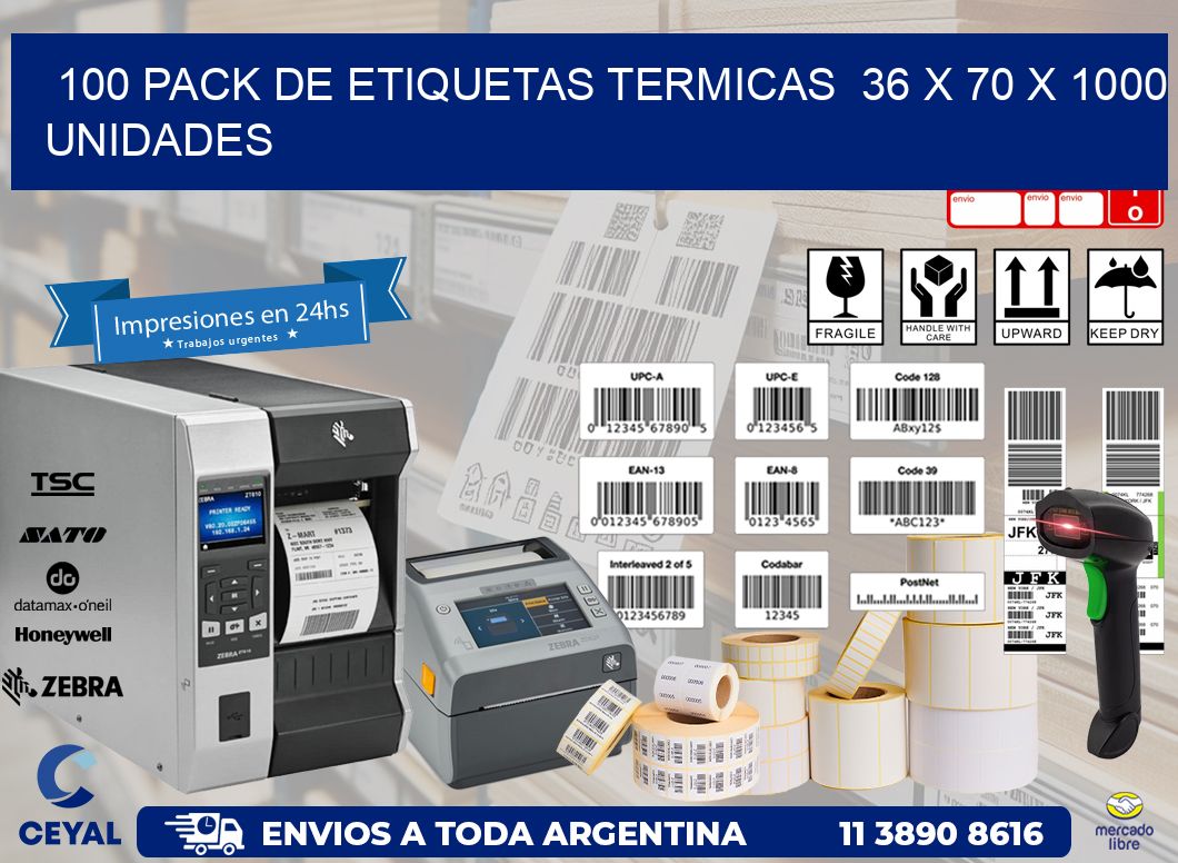 100 PACK DE ETIQUETAS TERMICAS  36 x 70 X 1000 UNIDADES