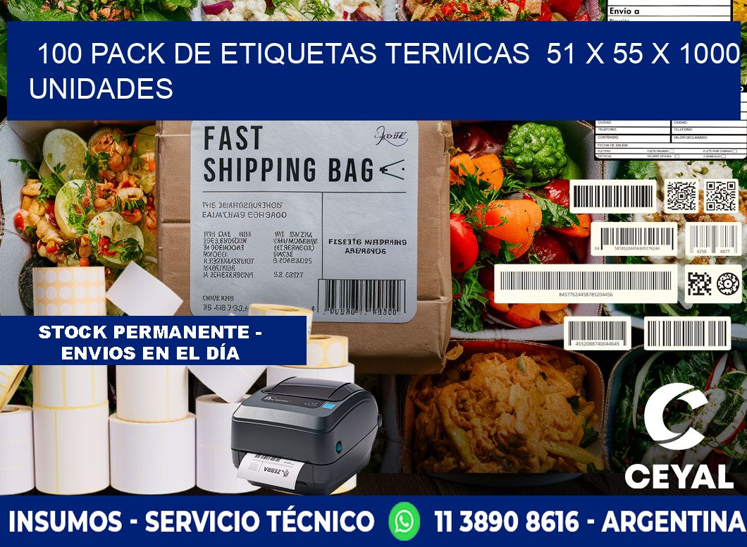 100 PACK DE ETIQUETAS TERMICAS  51 x 55 X 1000 UNIDADES