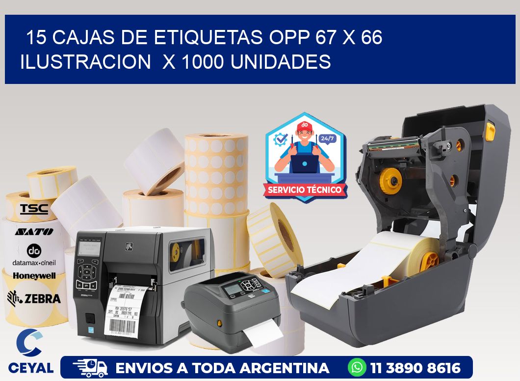 15 CAJAS DE ETIQUETAS OPP 67 x 66 ILUSTRACION  X 1000 UNIDADES