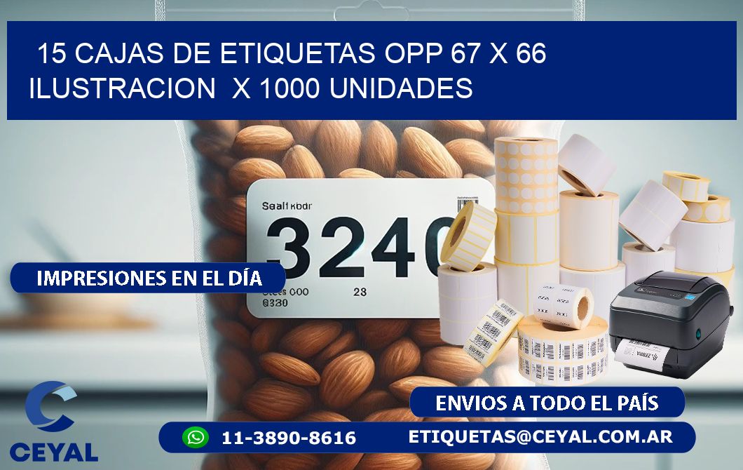 15 CAJAS DE ETIQUETAS OPP 67 x 66 ILUSTRACION  X 1000 UNIDADES