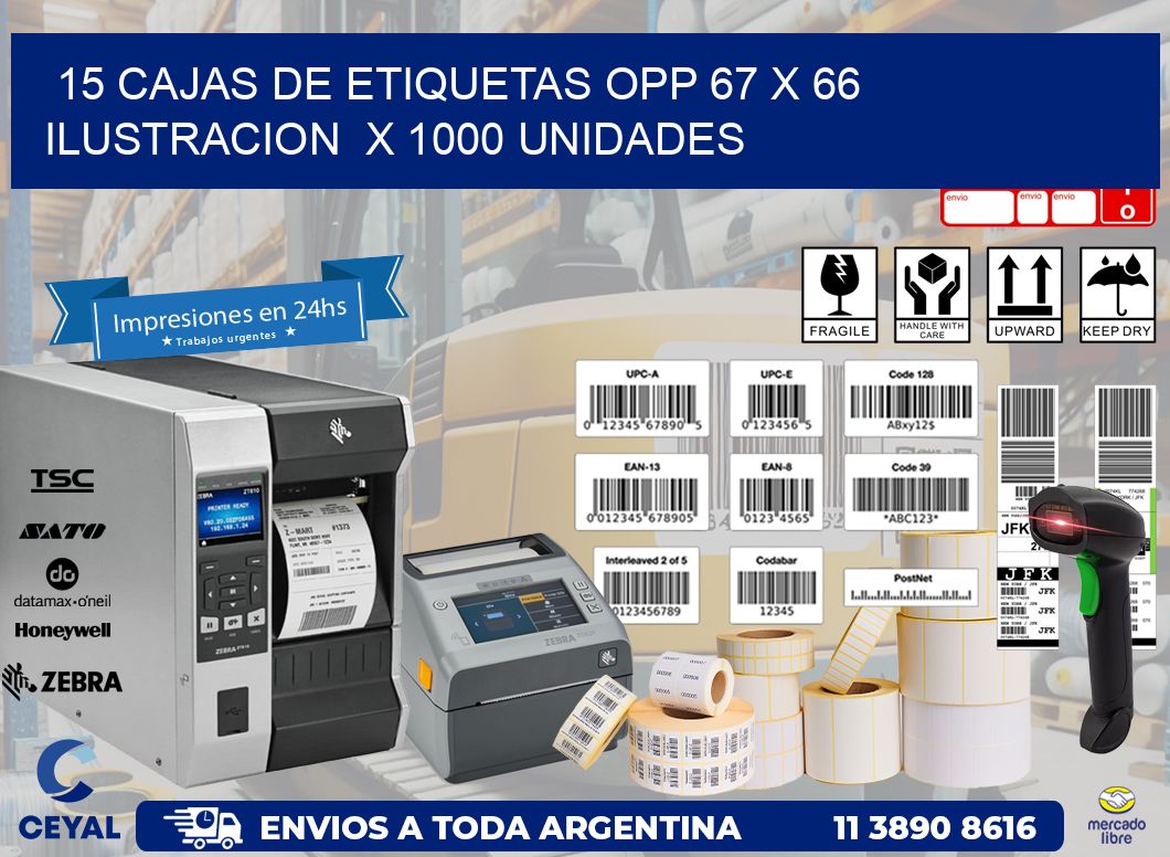 15 CAJAS DE ETIQUETAS OPP 67 x 66 ILUSTRACION  X 1000 UNIDADES