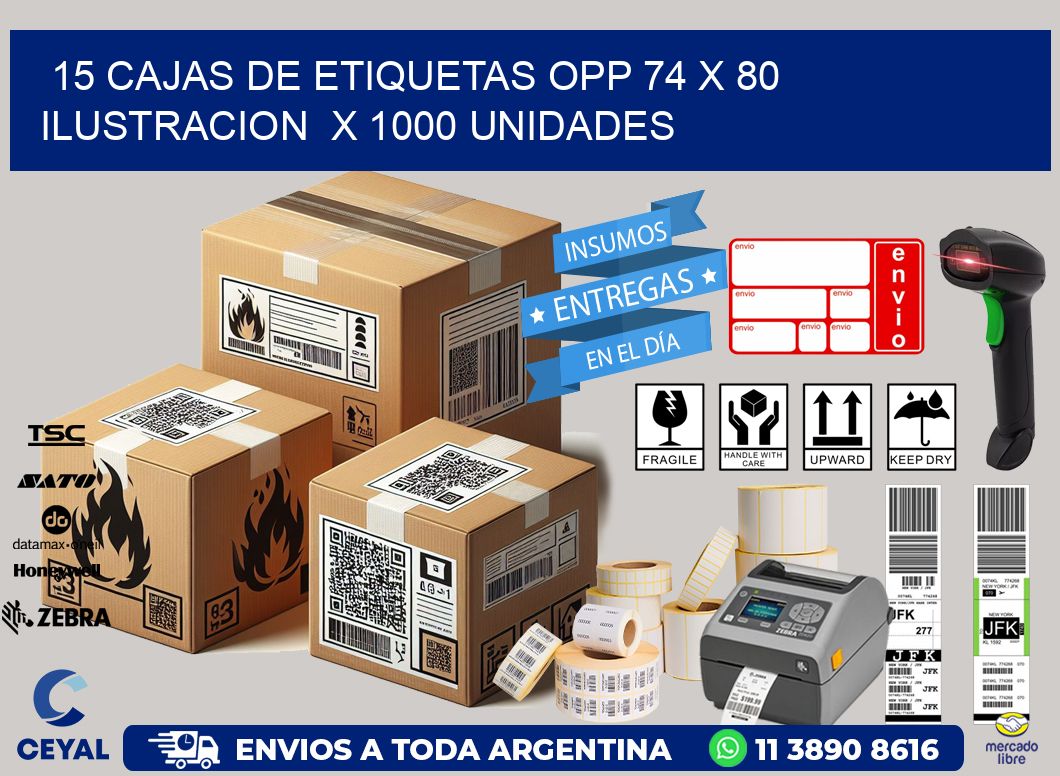 15 CAJAS DE ETIQUETAS OPP 74 x 80 ILUSTRACION  X 1000 UNIDADES