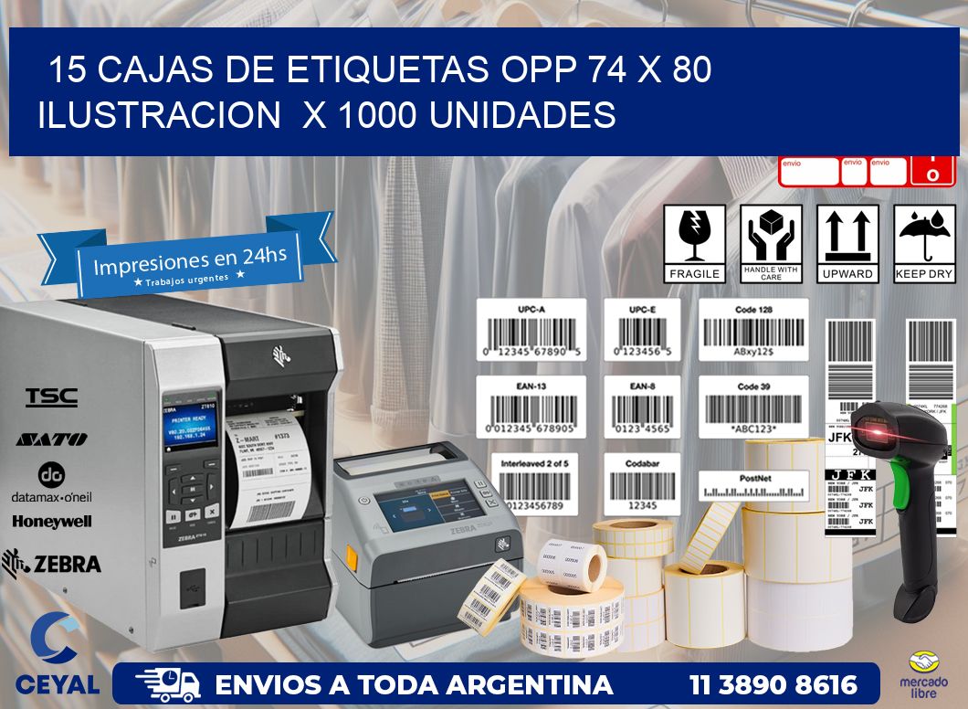 15 CAJAS DE ETIQUETAS OPP 74 x 80 ILUSTRACION  X 1000 UNIDADES