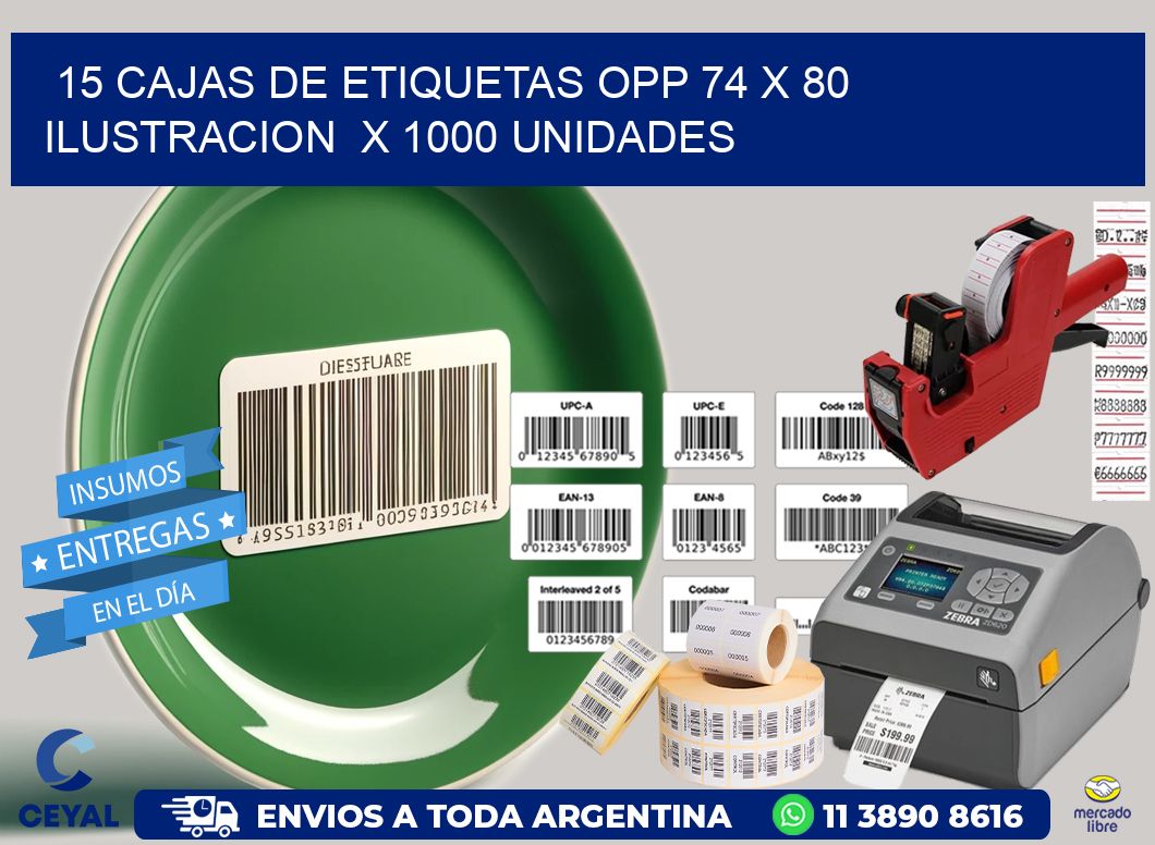 15 CAJAS DE ETIQUETAS OPP 74 x 80 ILUSTRACION  X 1000 UNIDADES