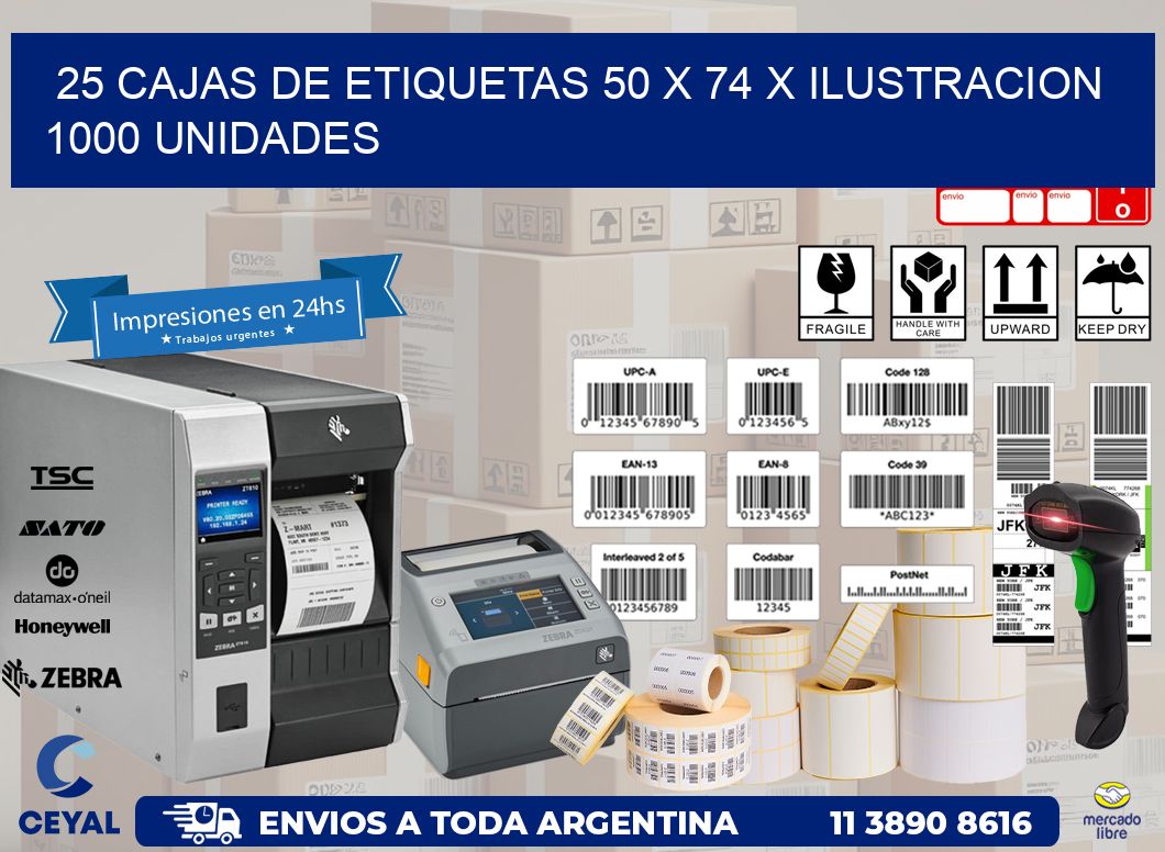 25 CAJAS DE ETIQUETAS 50 x 74 X ILUSTRACION 1000 UNIDADES