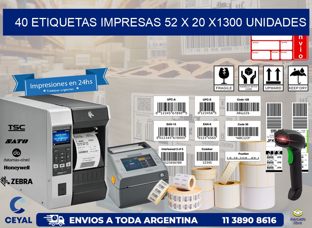 40 ETIQUETAS IMPRESAS 52 x 20 X1300 UNIDADES