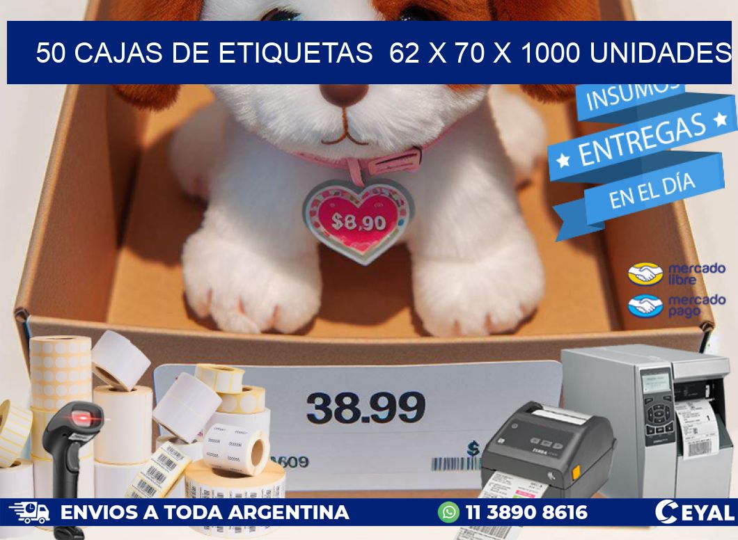 50 CAJAS DE ETIQUETAS  62 x 70 X 1000 UNIDADES