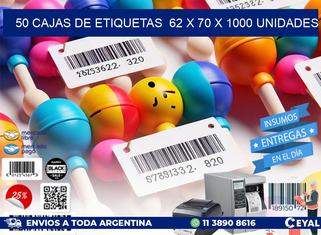 50 CAJAS DE ETIQUETAS  62 x 70 X 1000 UNIDADES