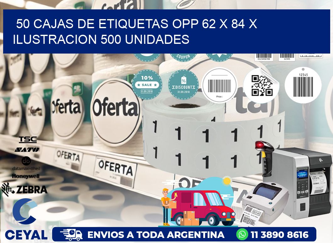 50 CAJAS DE ETIQUETAS OPP 62 x 84 X ILUSTRACION 500 UNIDADES