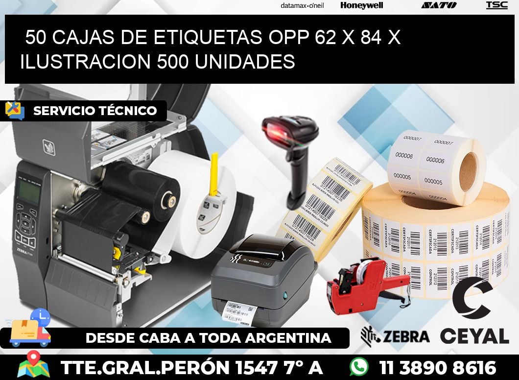 50 CAJAS DE ETIQUETAS OPP 62 x 84 X ILUSTRACION 500 UNIDADES