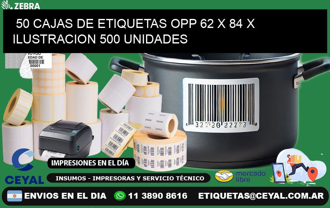 50 CAJAS DE ETIQUETAS OPP 62 x 84 X ILUSTRACION 500 UNIDADES