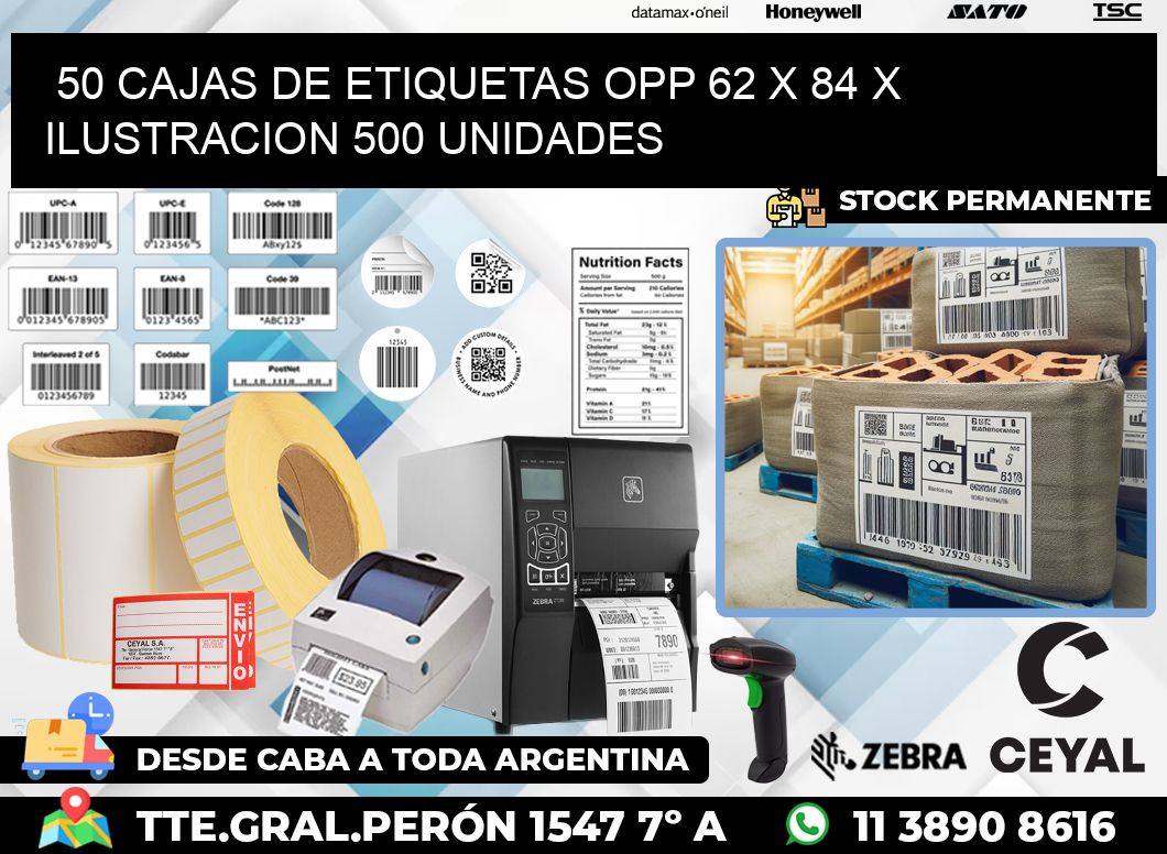 50 CAJAS DE ETIQUETAS OPP 62 x 84 X ILUSTRACION 500 UNIDADES