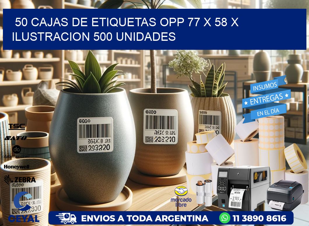 50 CAJAS DE ETIQUETAS OPP 77 x 58 X ILUSTRACION 500 UNIDADES