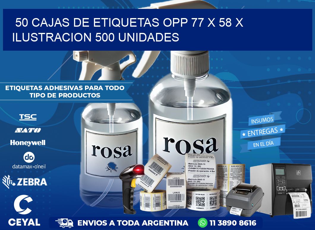 50 CAJAS DE ETIQUETAS OPP 77 x 58 X ILUSTRACION 500 UNIDADES