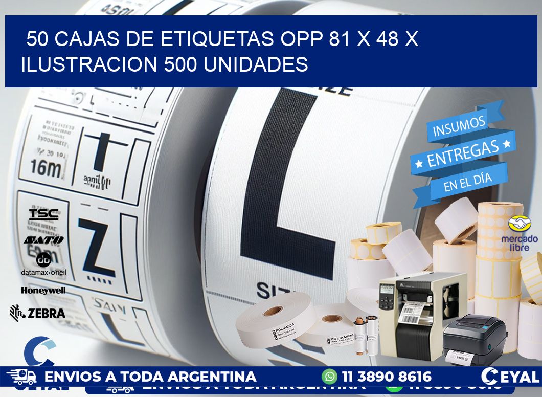 50 CAJAS DE ETIQUETAS OPP 81 x 48 X ILUSTRACION 500 UNIDADES