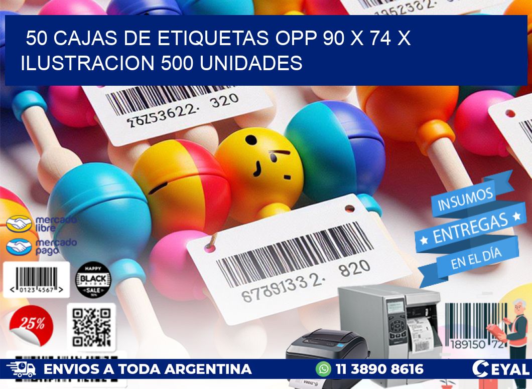 50 CAJAS DE ETIQUETAS OPP 90 x 74 X ILUSTRACION 500 UNIDADES