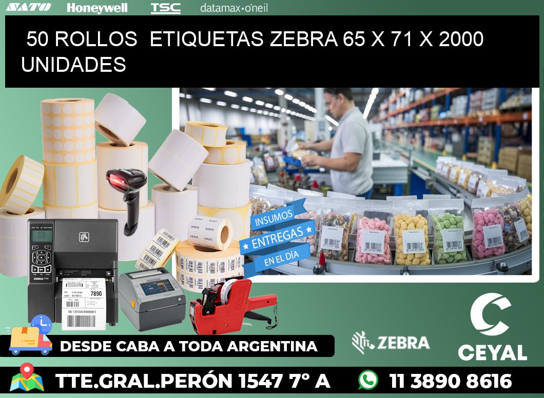 50 ROLLOS  ETIQUETAS ZEBRA 65 x 71 X 2000 UNIDADES