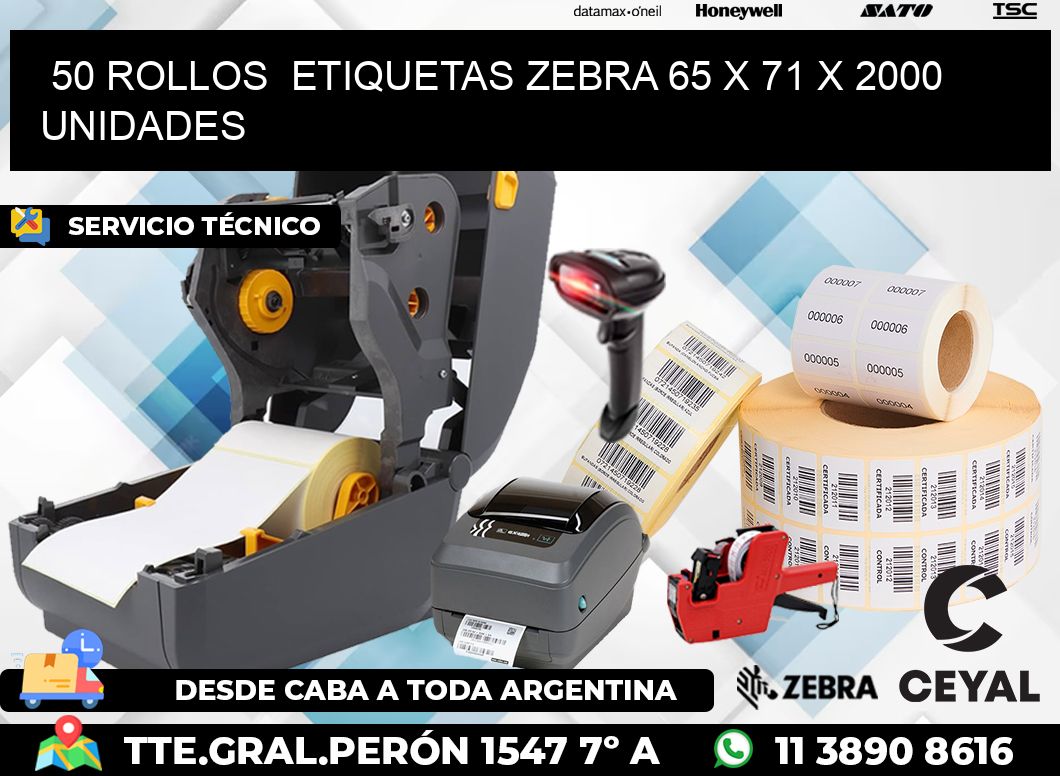 50 ROLLOS  ETIQUETAS ZEBRA 65 x 71 X 2000 UNIDADES