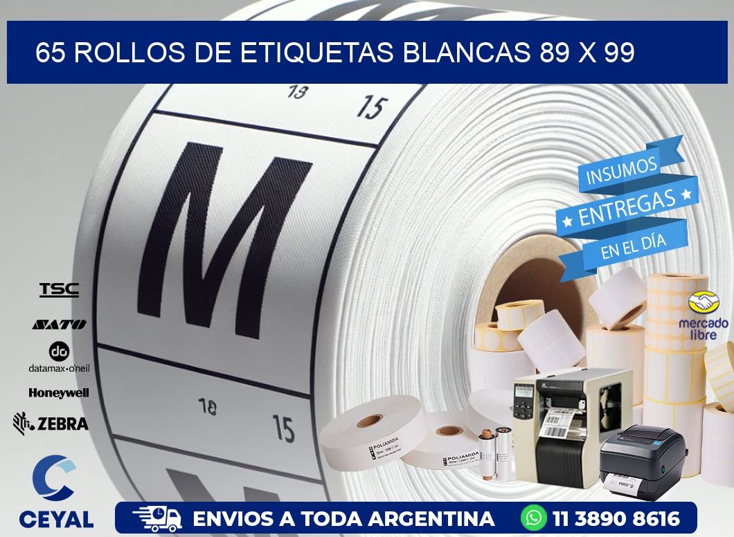 65 ROLLOS DE ETIQUETAS BLANCAS 89 x 99