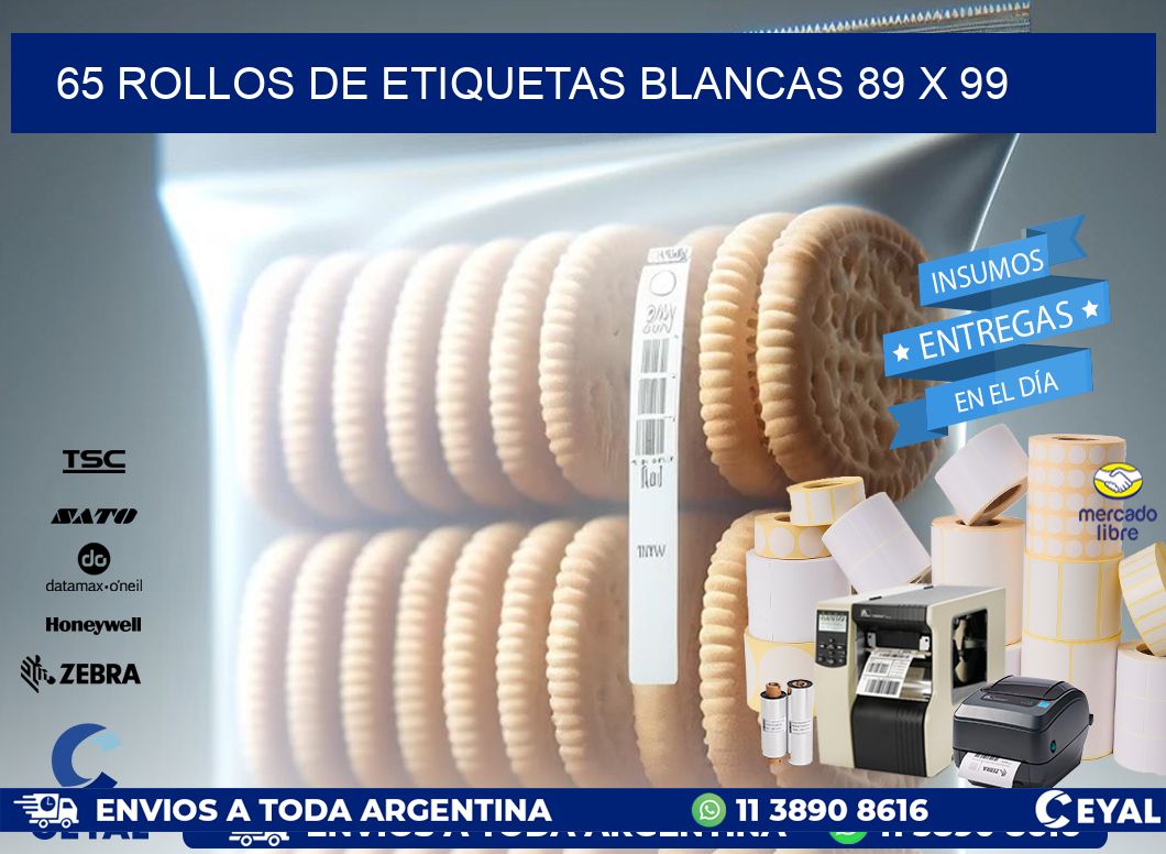 65 ROLLOS DE ETIQUETAS BLANCAS 89 x 99