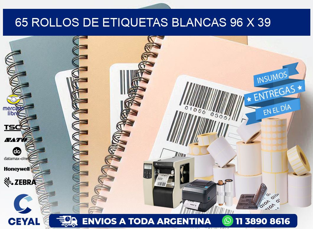 65 ROLLOS DE ETIQUETAS BLANCAS 96 x 39
