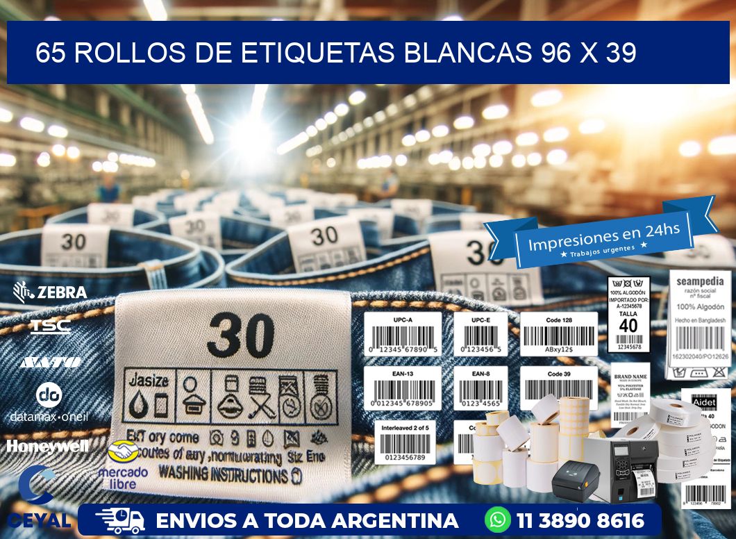 65 ROLLOS DE ETIQUETAS BLANCAS 96 x 39