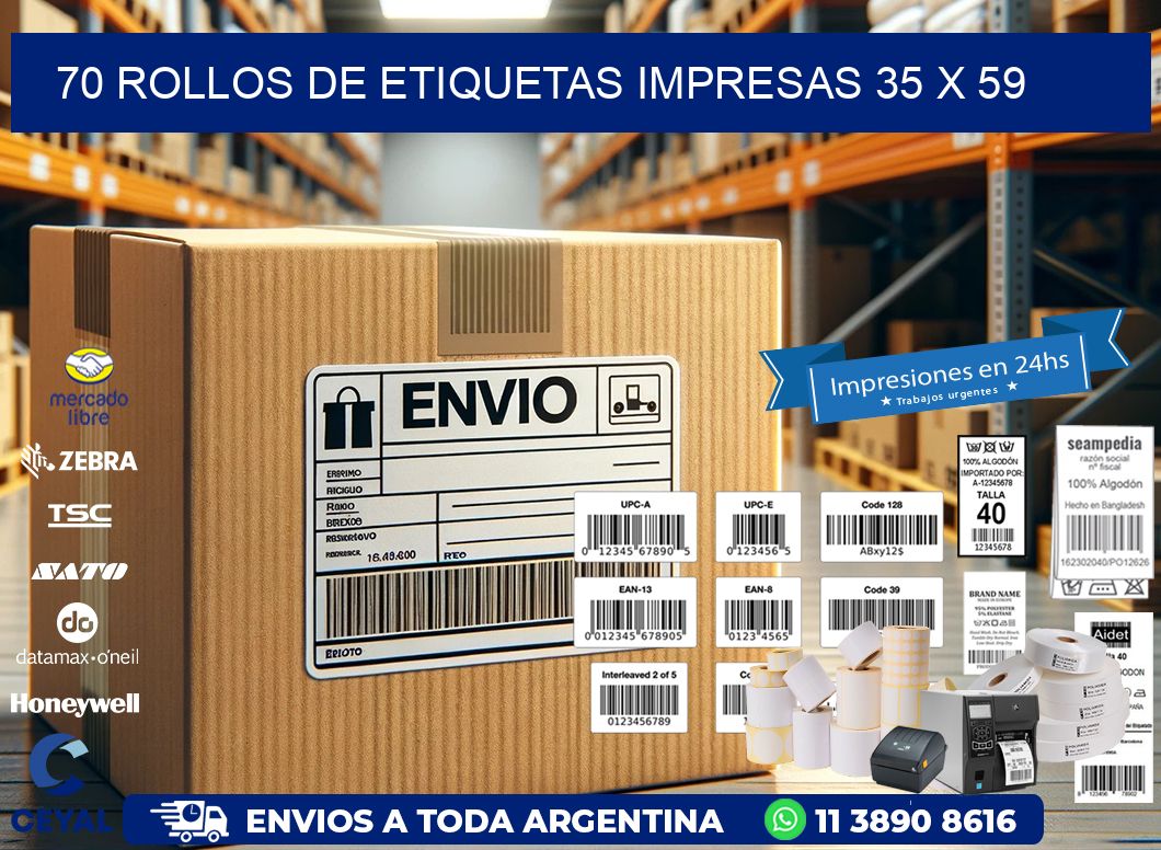 70 ROLLOS DE ETIQUETAS IMPRESAS 35 x 59