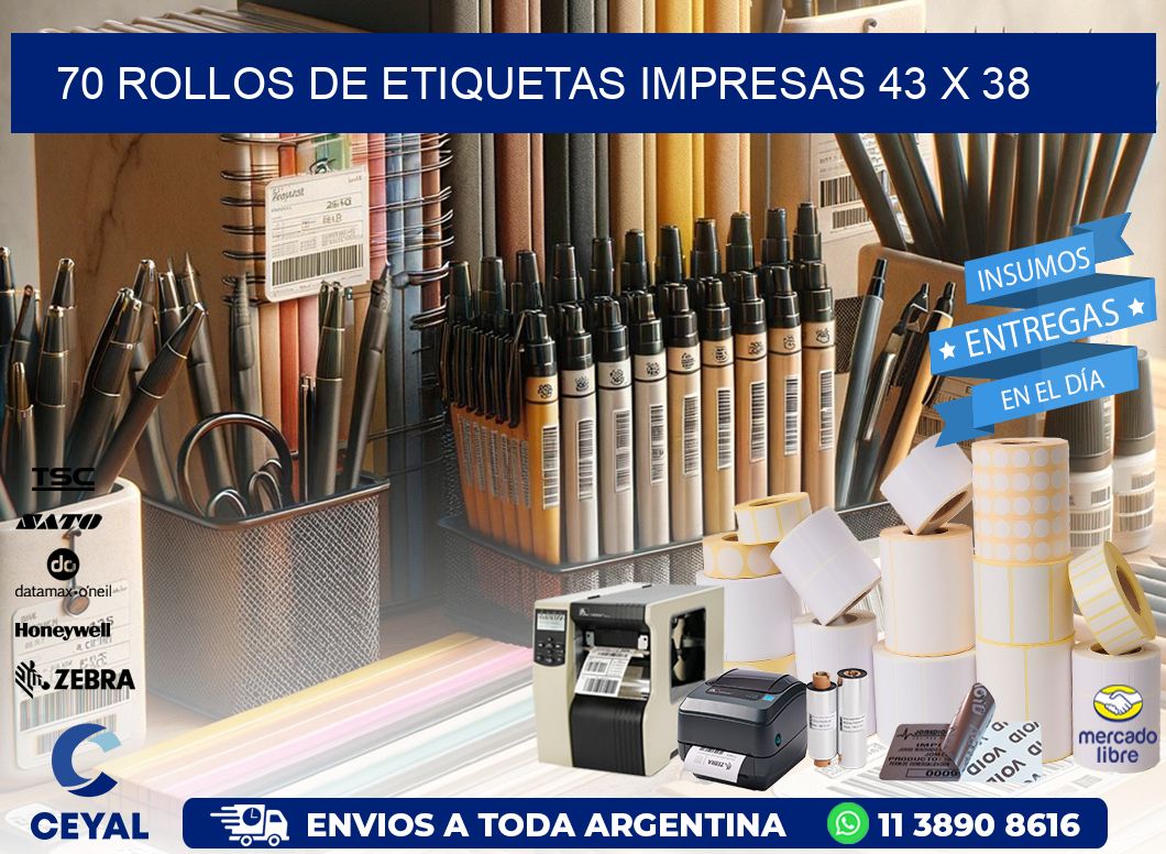 70 ROLLOS DE ETIQUETAS IMPRESAS 43 x 38