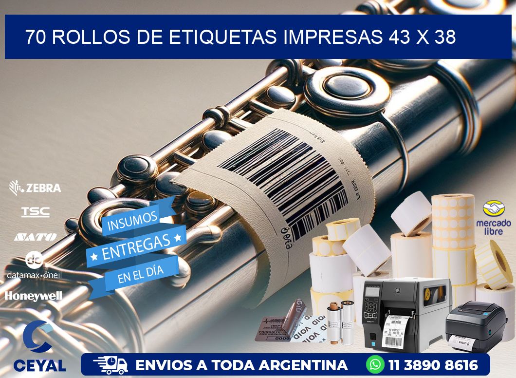 70 ROLLOS DE ETIQUETAS IMPRESAS 43 x 38