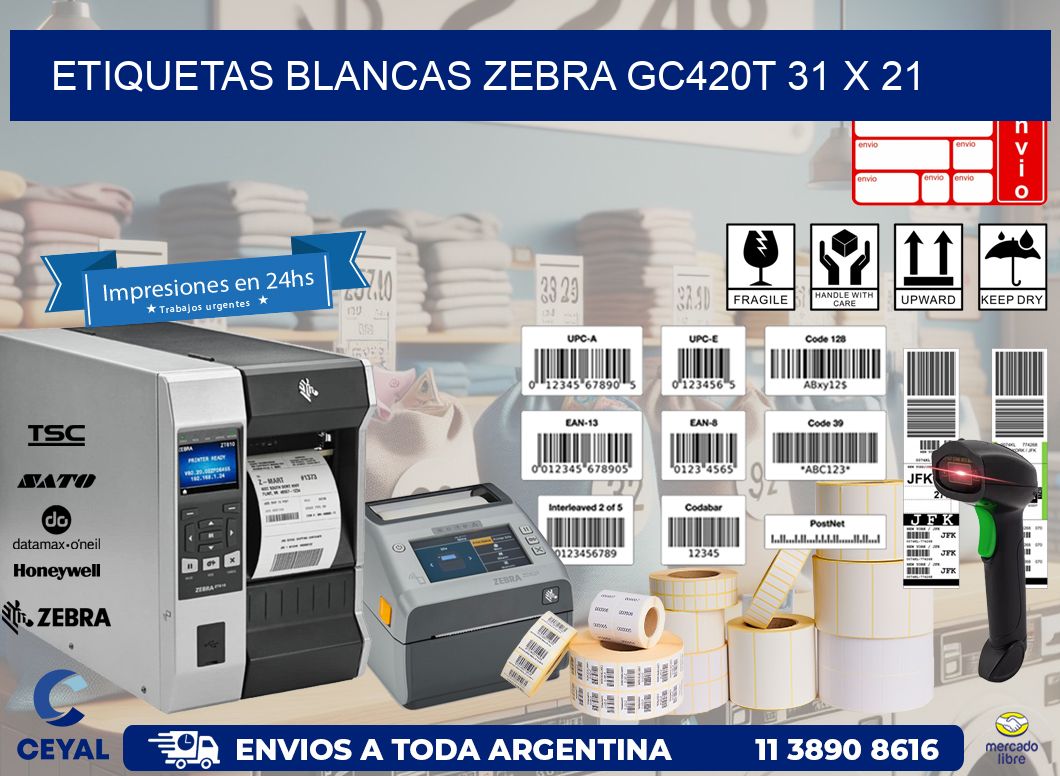 ETIQUETAS BLANCAS ZEBRA GC420T 31 x 21
