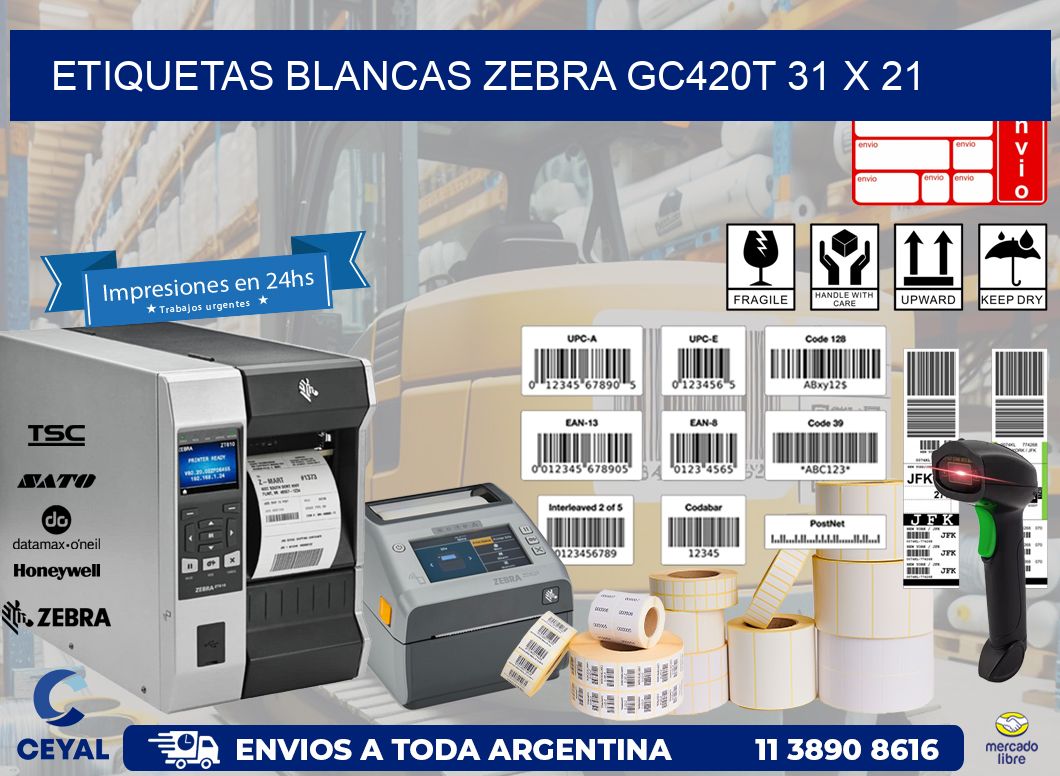 ETIQUETAS BLANCAS ZEBRA GC420T 31 x 21